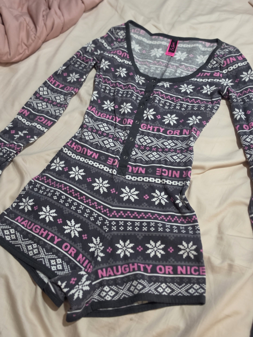 La SENZA Gray Romper with Pink and White Fair Isle Print